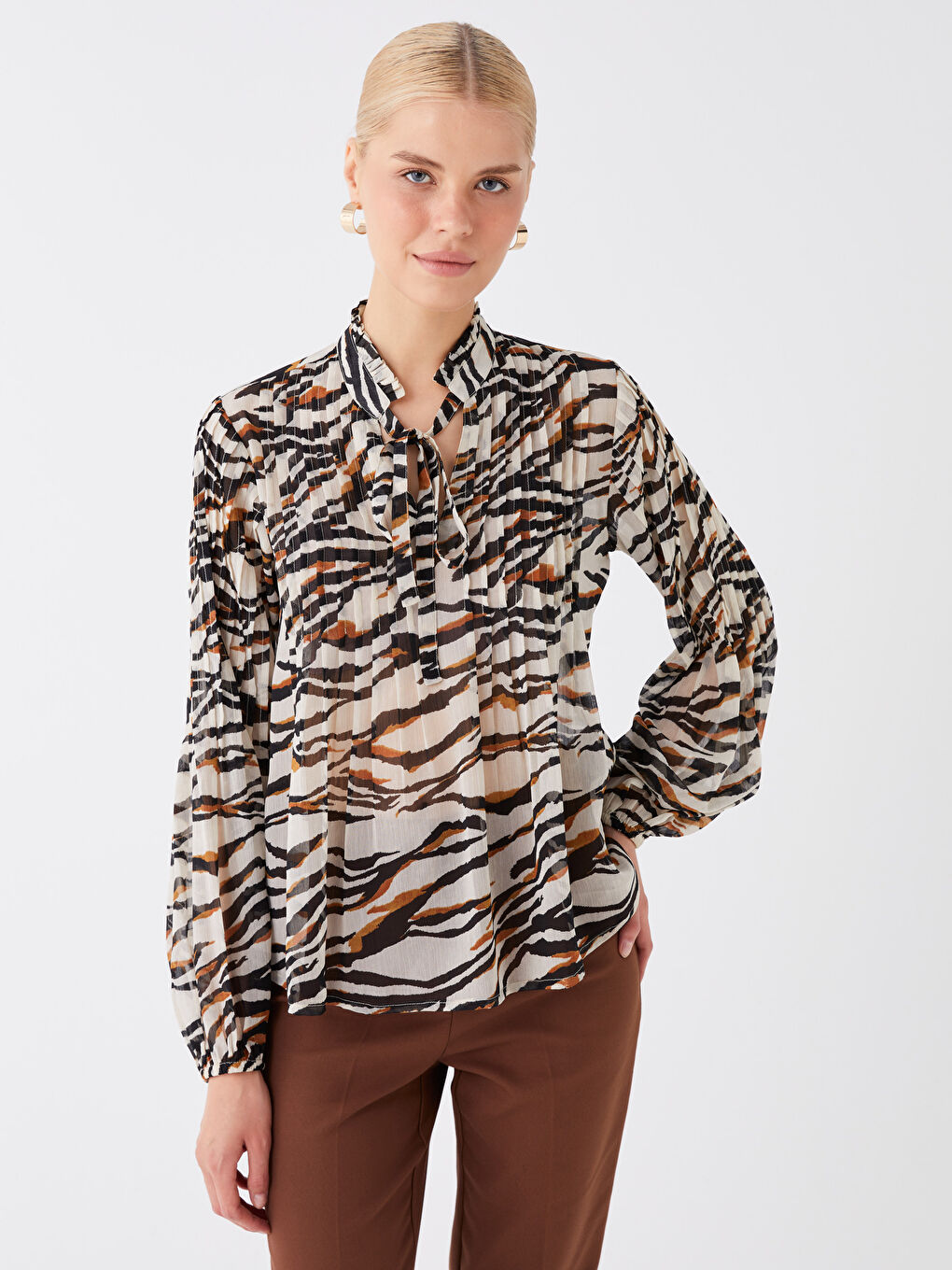 LCW Vision Tie Neck Patterned Long Sleeve Women's Blouse -W3DJ71Z8-LRA