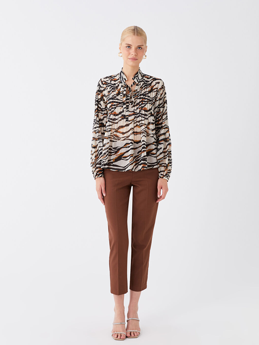 LCW Vision Tie Neck Patterned Long Sleeve Women's Blouse -W3DJ71Z8-LRA