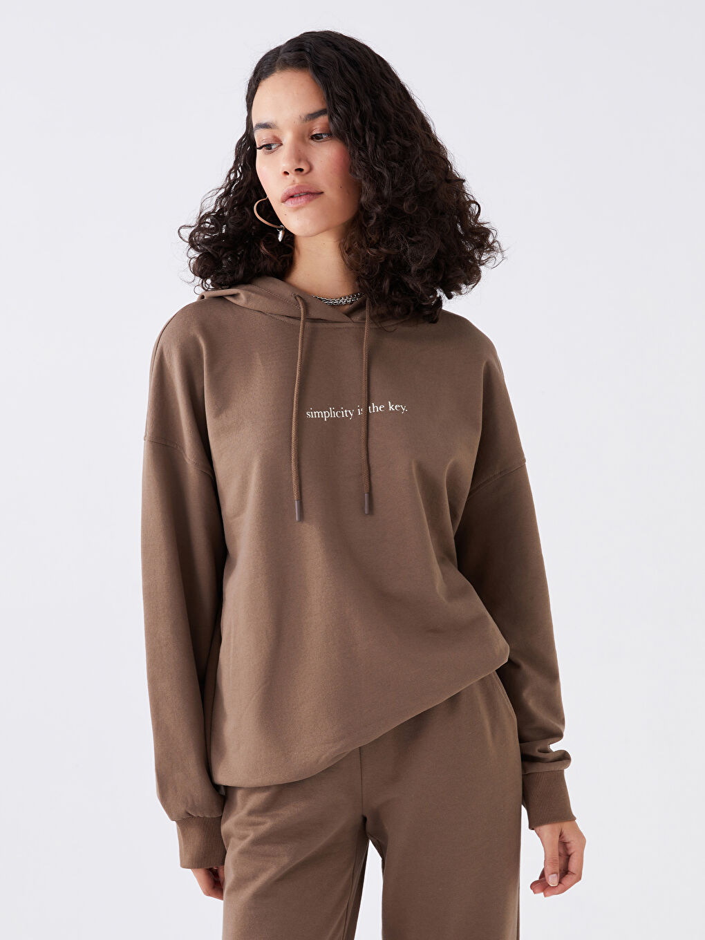 LCW Vision Kahverengi Baskılı Uzun Kollu Oversize Kadın Hoodie - 1