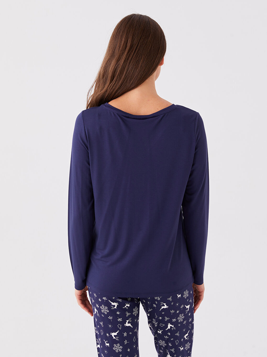 Lacivert V Yaka Düz Uzun Kollu Kadın Pijama Üst-4