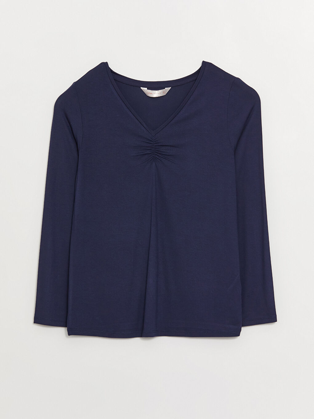 Lacivert V Yaka Düz Uzun Kollu Kadın Pijama Üst-5