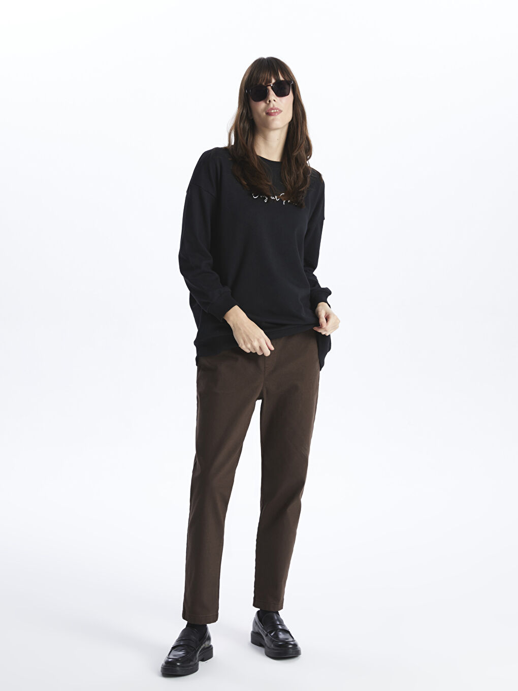 Kahverengi Beli Lastikli Düz Gabardin Kadın Pantolon-1