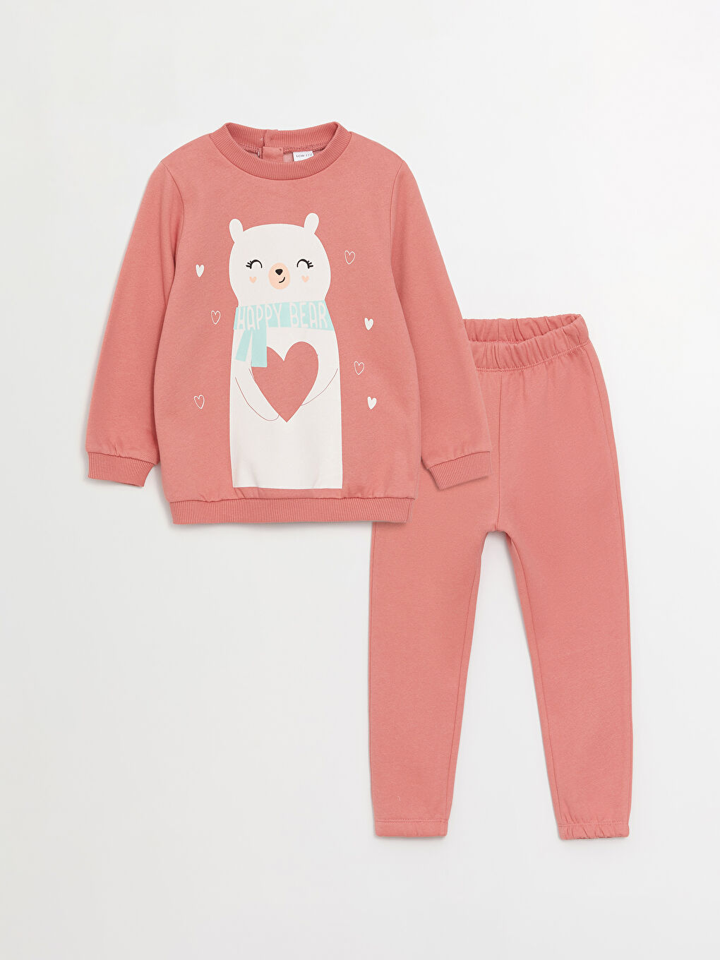 LCW ECO Pembe Bisiklet Yaka Baskılı Kız Bebek Sweatshirt ve Pantolon 2'li Takım