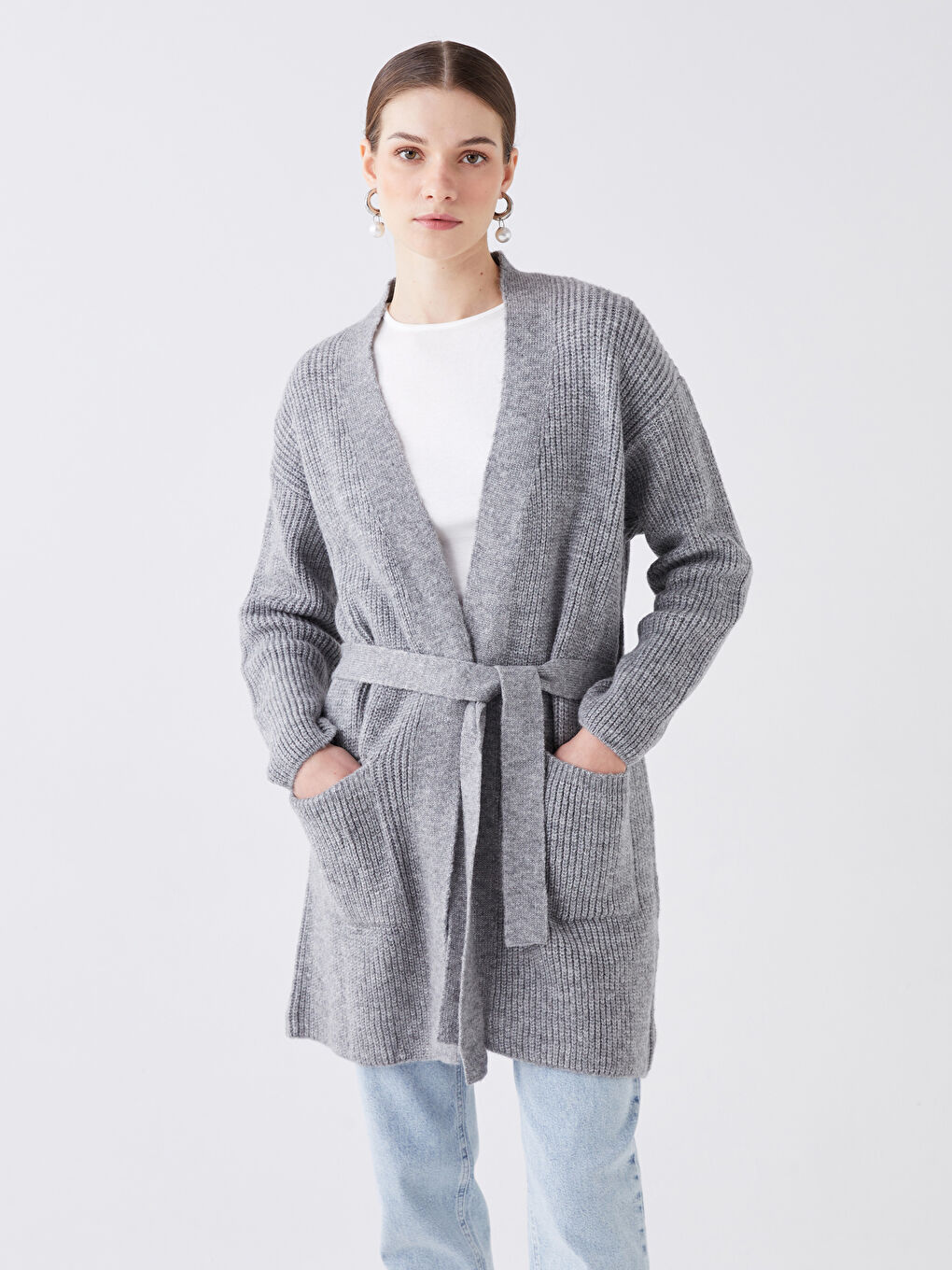 LCWAIKIKI Classic Grey Mel - Lacivert Şal Yaka Düz Uzun Kollu Oversize Kadın Triko Hırka