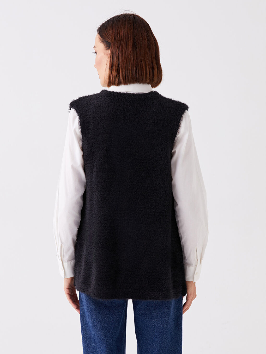 Siyah V Yaka Kadın Triko Yelek-4