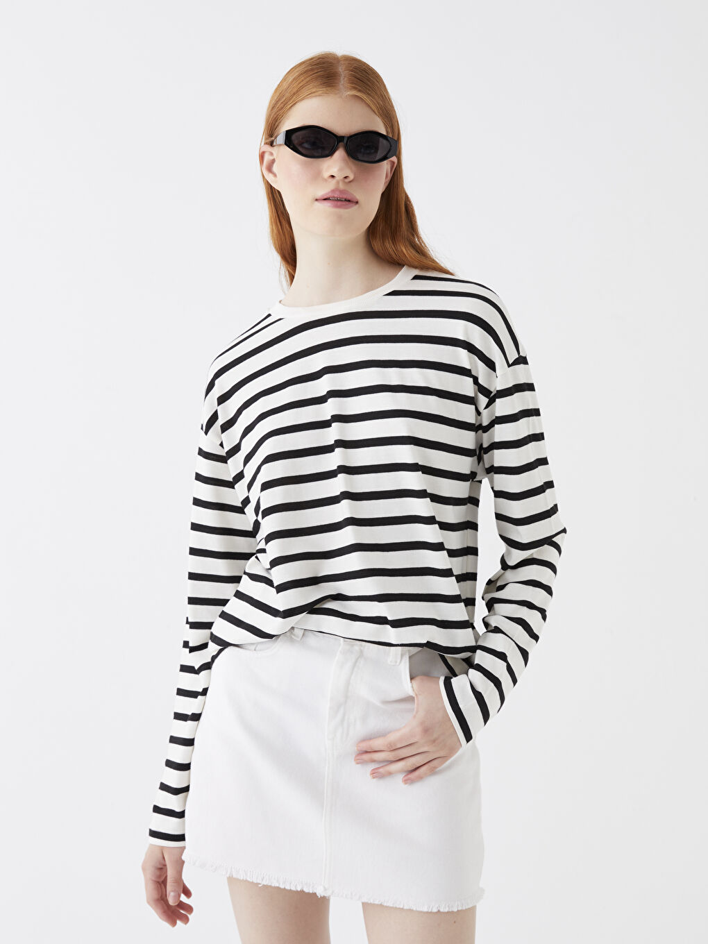 Ekru Bisiklet Yaka Çizgili Uzun Kollu Kadın Tişört