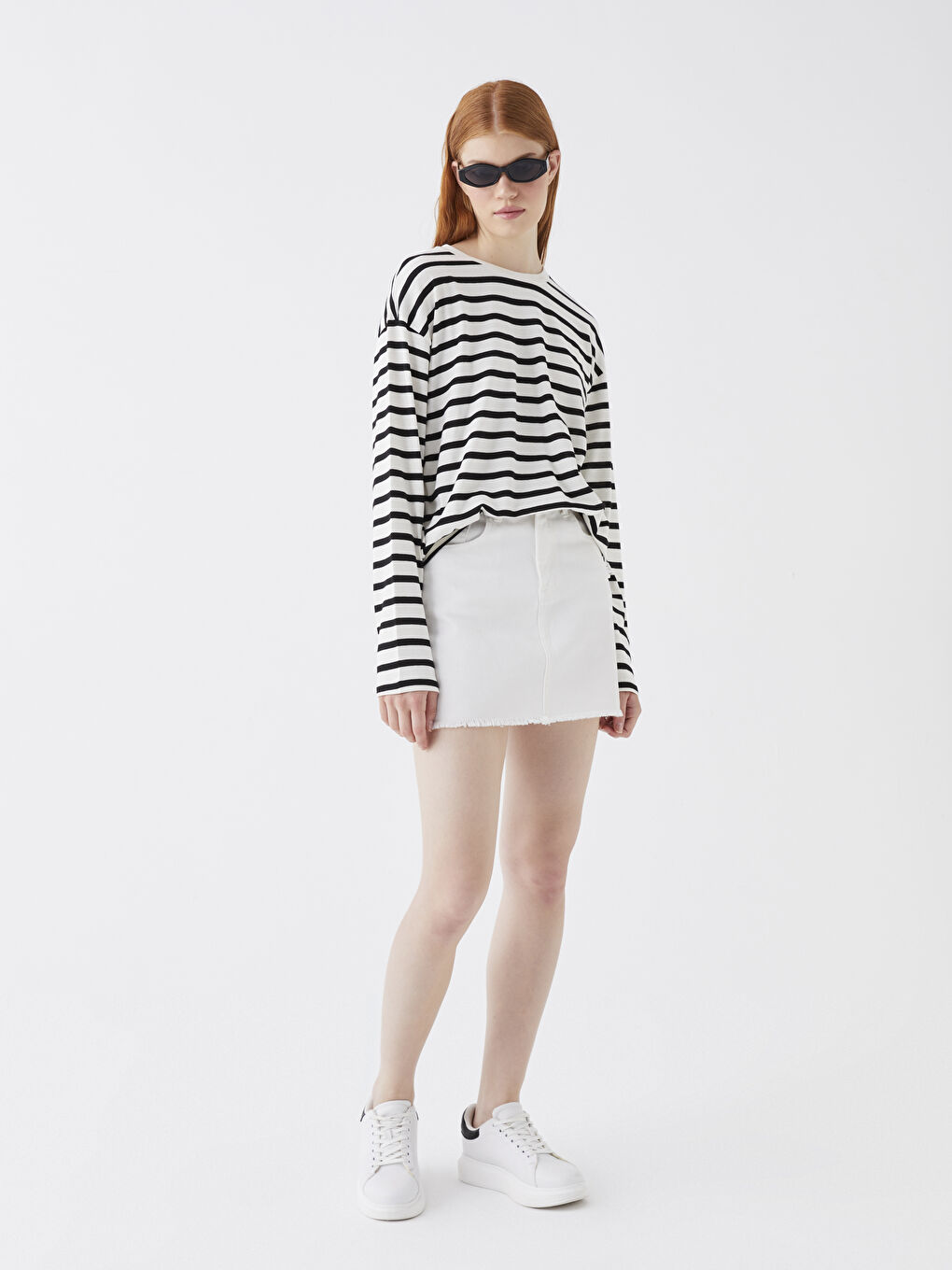 Ekru Bisiklet Yaka Çizgili Uzun Kollu Kadın Tişört-1