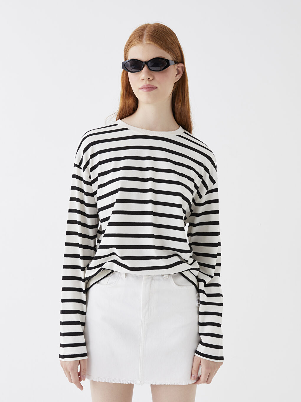 Ekru Bisiklet Yaka Çizgili Uzun Kollu Kadın Tişört-2