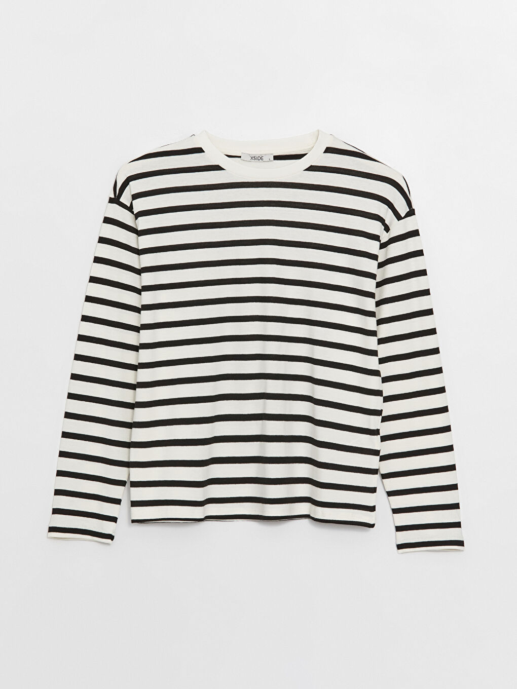Ekru Bisiklet Yaka Çizgili Uzun Kollu Kadın Tişört-5