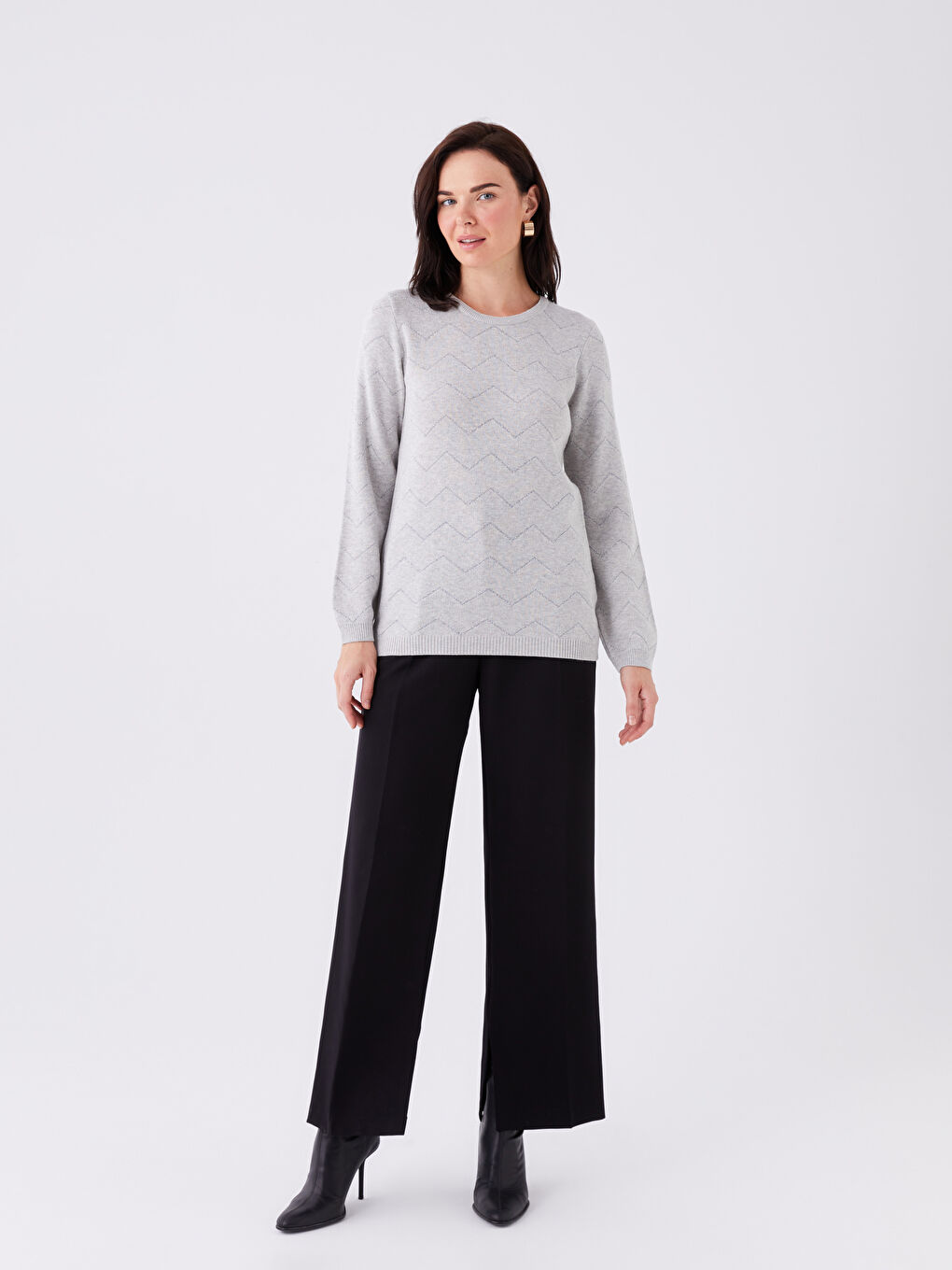 Crew Neck Patterned Long Sleeve Women's Knitwear Sweater-2