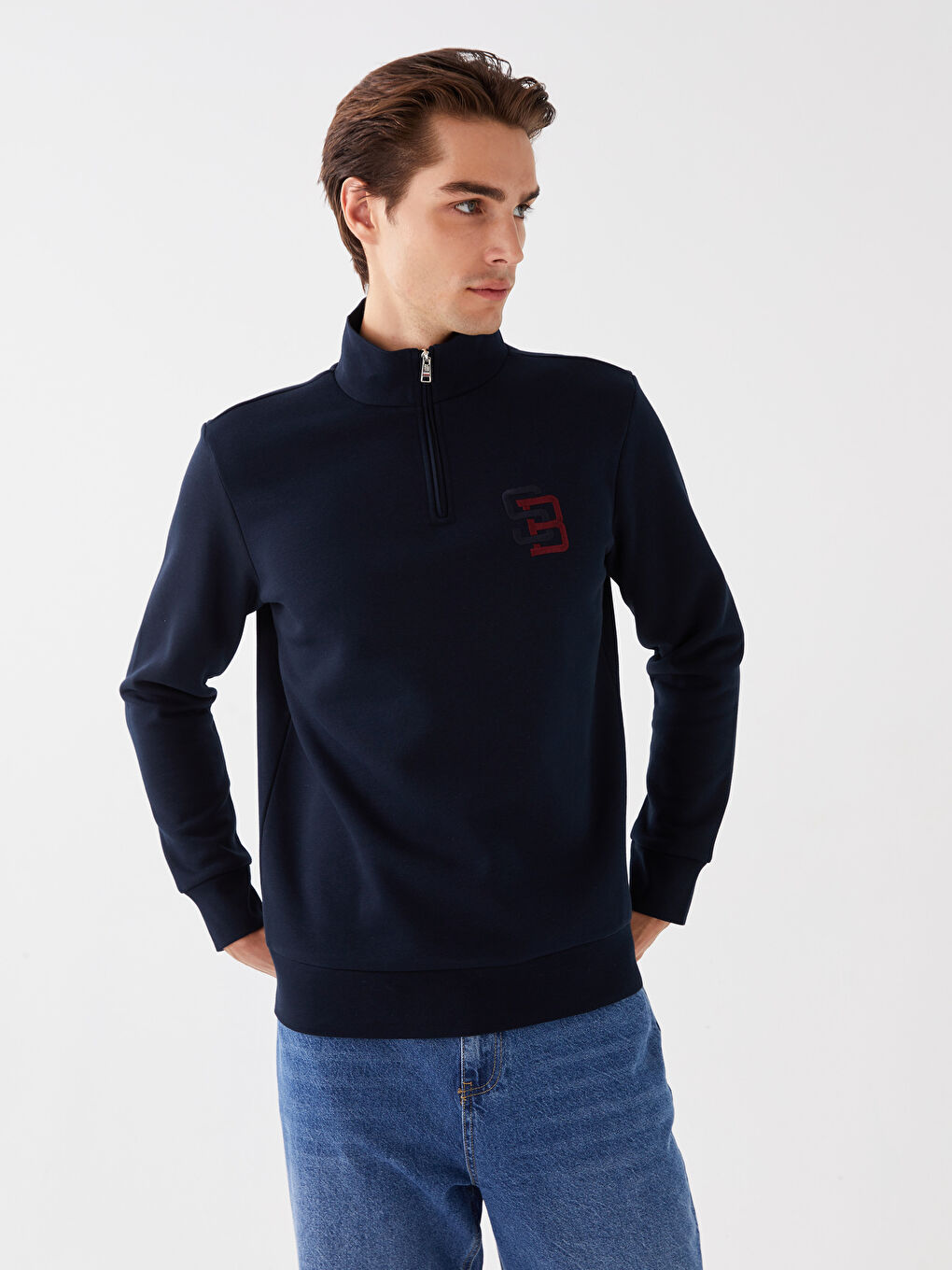 SOUTHBLUE Lacivert Dik Yaka Uzun Kollu Baskılı Erkek Sweatshirt