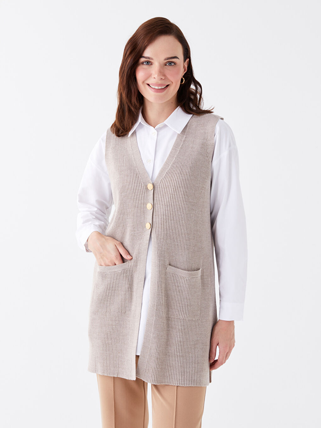 LCW Grace V Neck Women's Knitwear Waistcoat -W3DN59Z8-VH8