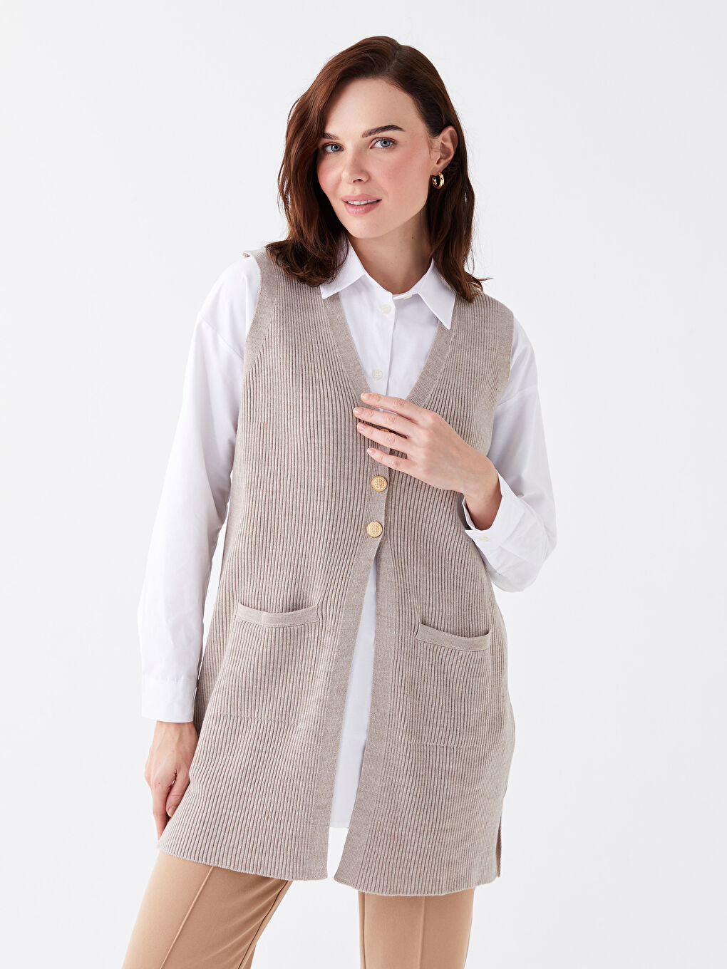 LCW Grace V Neck Women's Knitwear Waistcoat -W3DN59Z8-VH8