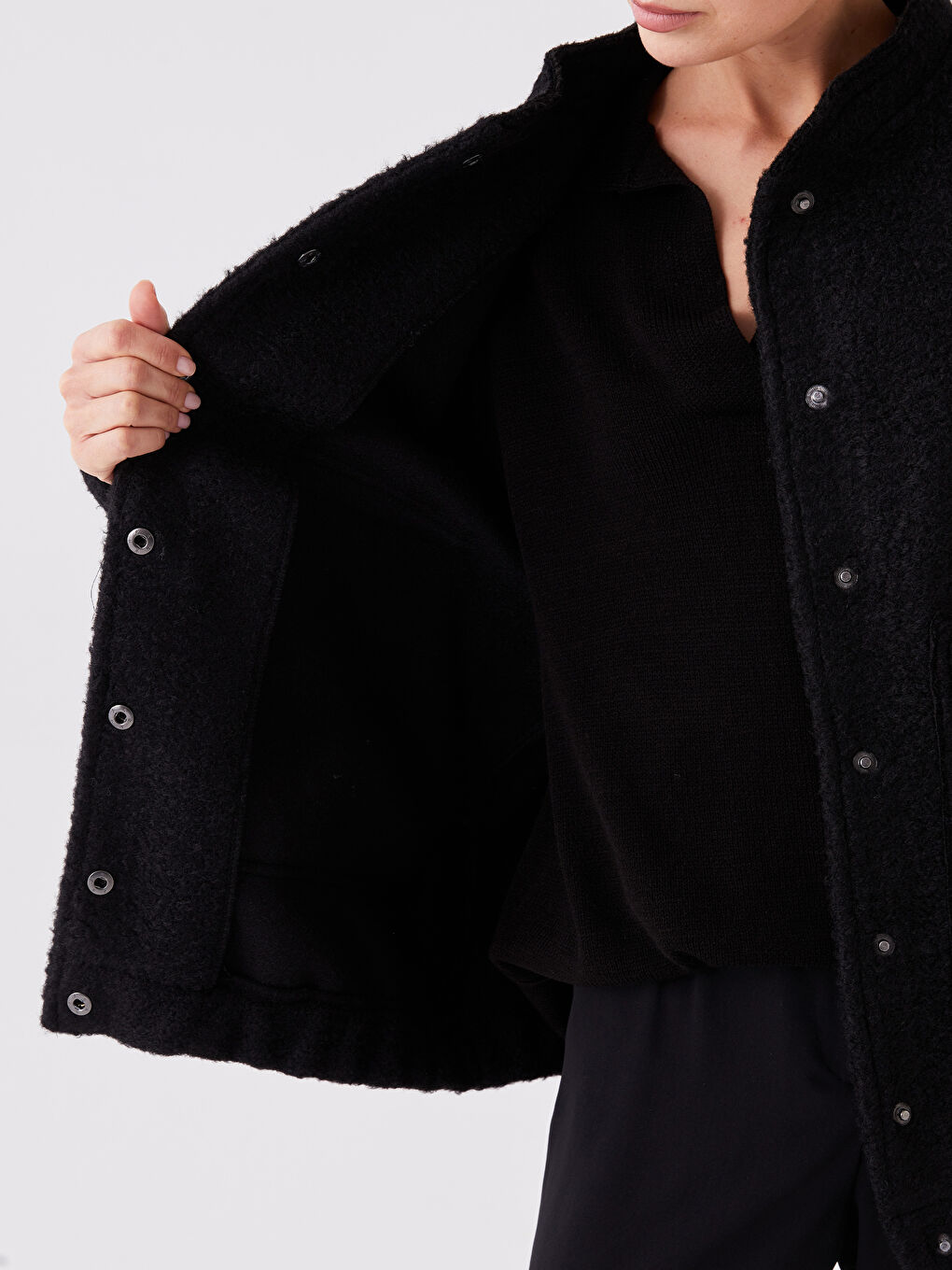 Siyah Dik Yaka Düz Oversize Kadın Kaşe Kaban-4