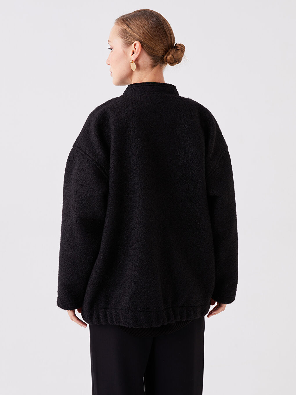 Siyah Dik Yaka Düz Oversize Kadın Kaşe Kaban-5