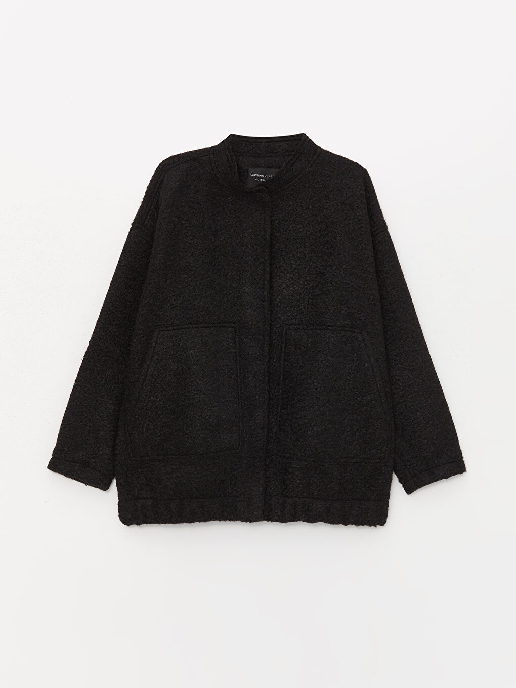 Siyah Dik Yaka Düz Oversize Kadın Kaşe Kaban-6