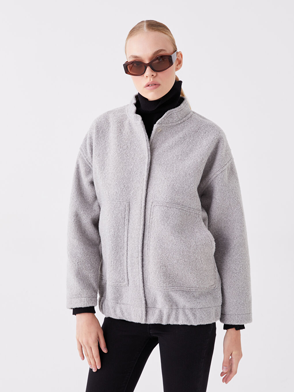Gri Dik Yaka Düz Oversize Kadın Kaşe Kaban-1