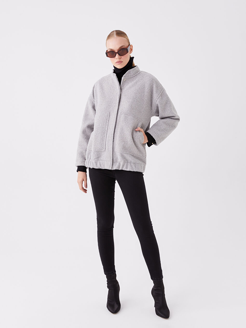 Gri Dik Yaka Düz Oversize Kadın Kaşe Kaban-2