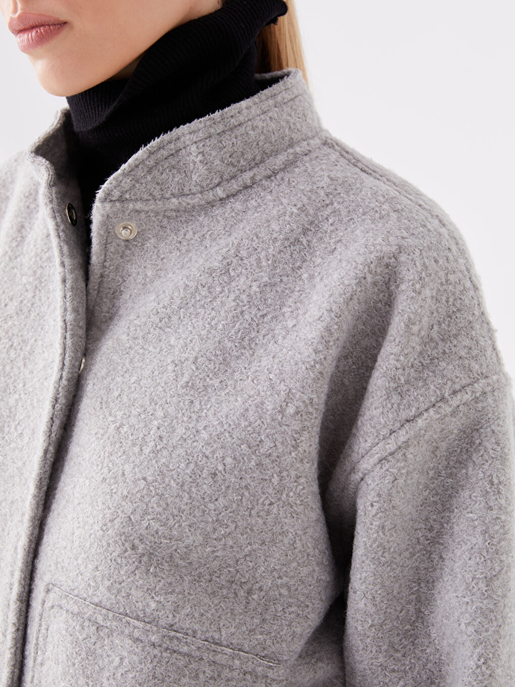 Gri Dik Yaka Düz Oversize Kadın Kaşe Kaban-3
