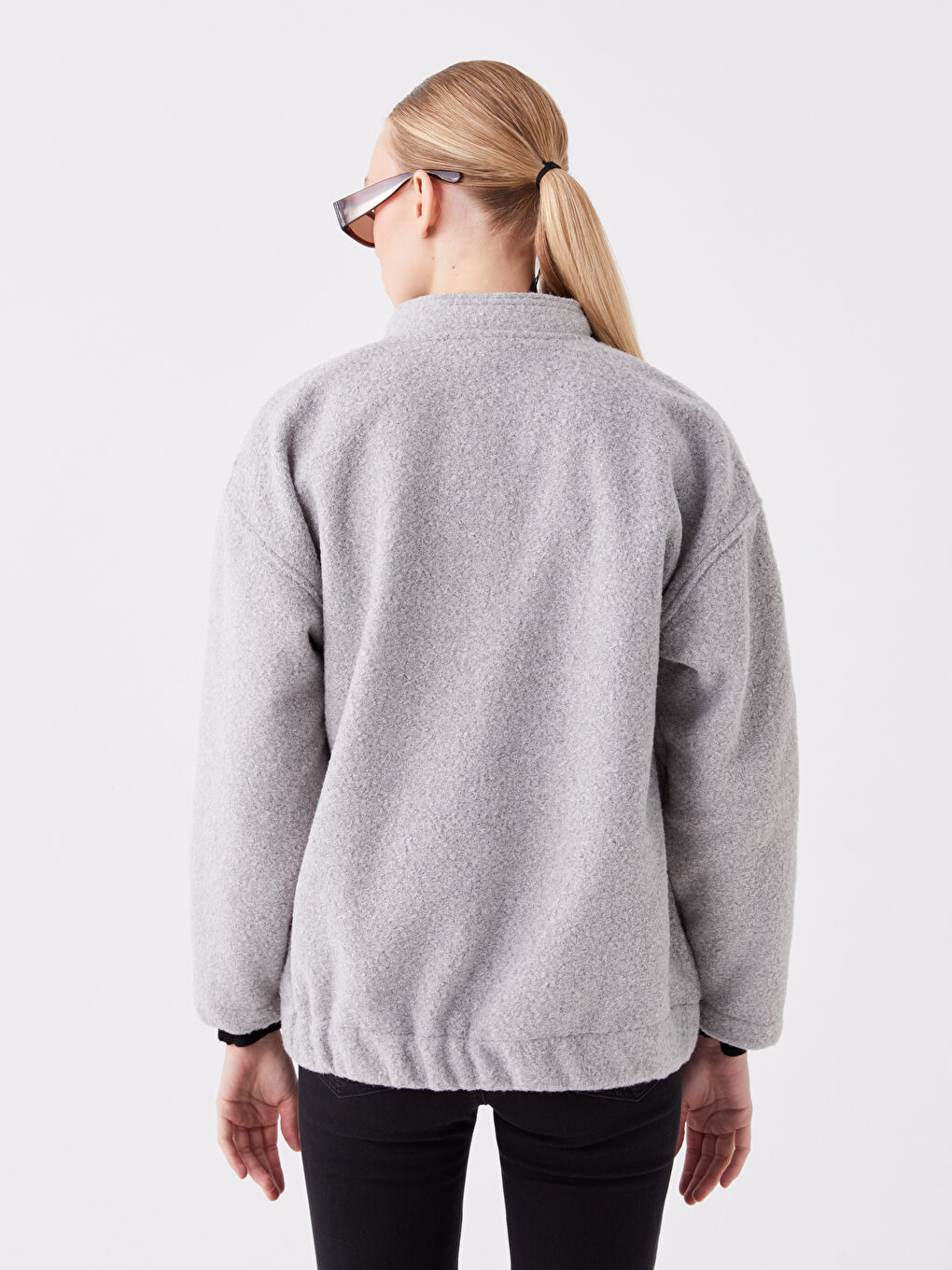 Gri Dik Yaka Düz Oversize Kadın Kaşe Kaban-4