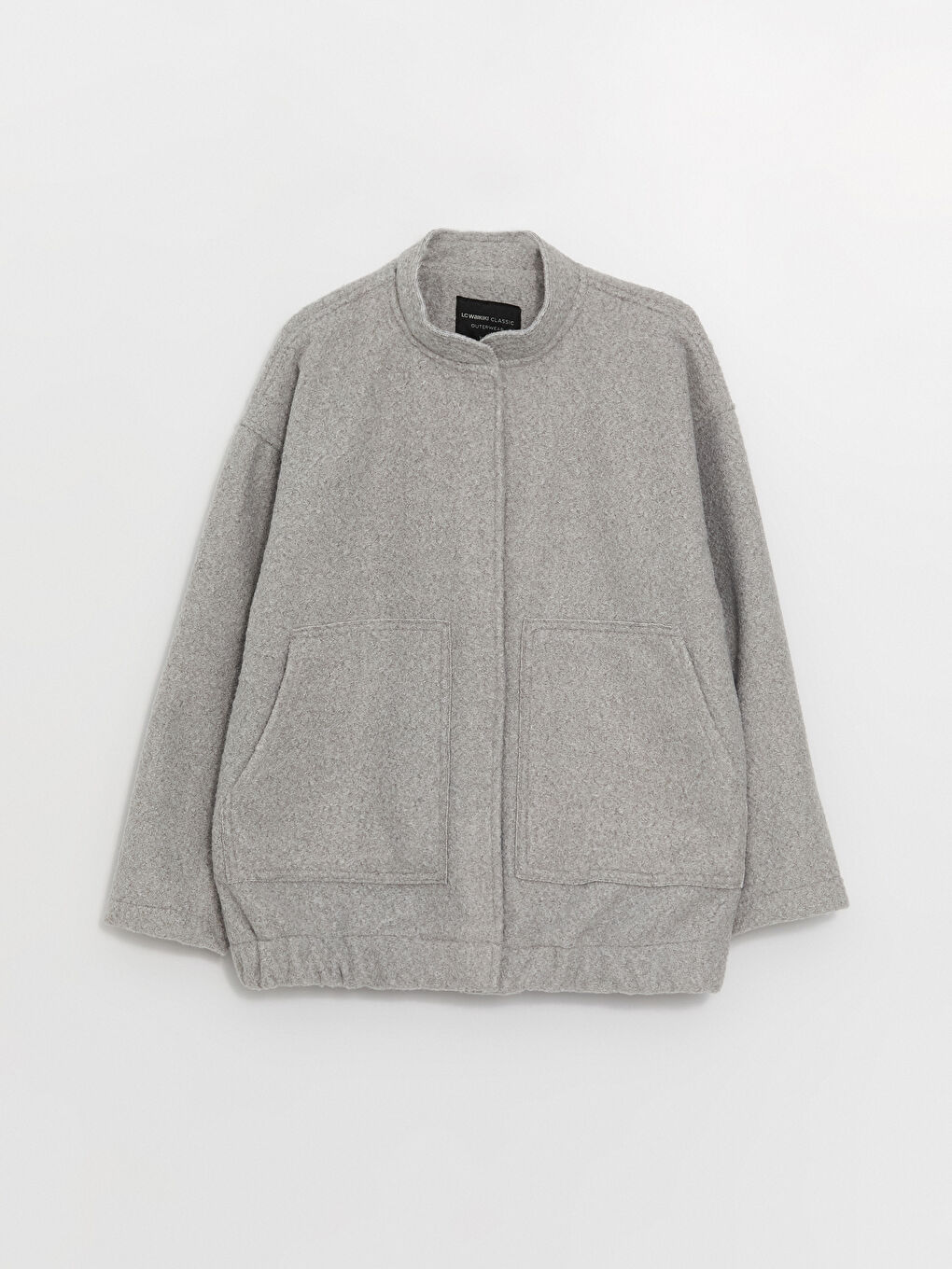 Gri Dik Yaka Düz Oversize Kadın Kaşe Kaban-5