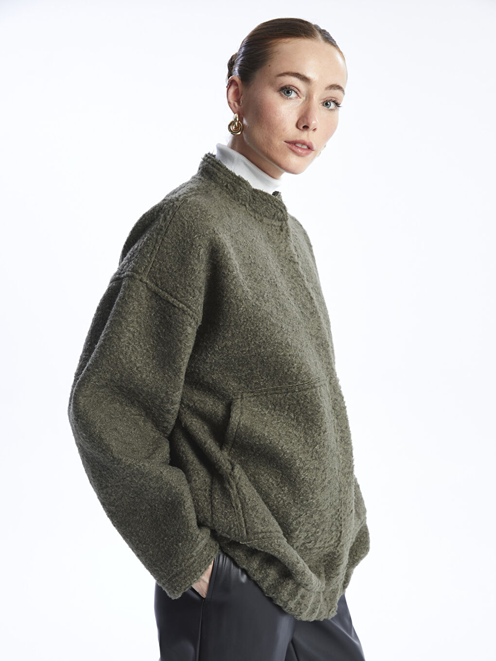 Haki Dik Yaka Düz Oversize Kadın Kaşe Kaban-1