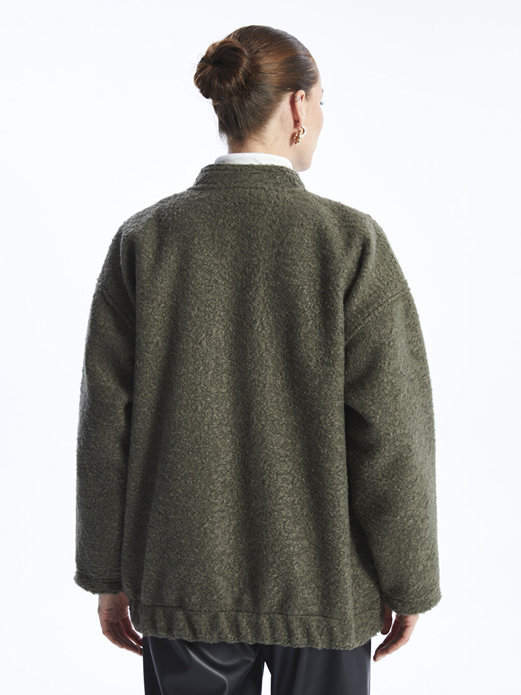 Haki Dik Yaka Düz Oversize Kadın Kaşe Kaban-4