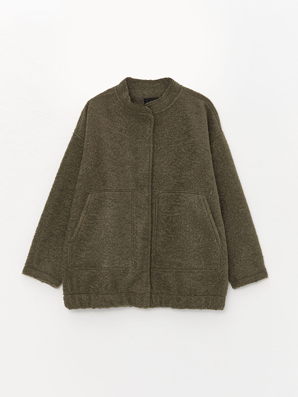 Haki Dik Yaka Düz Oversize Kadın Kaşe Kaban-5