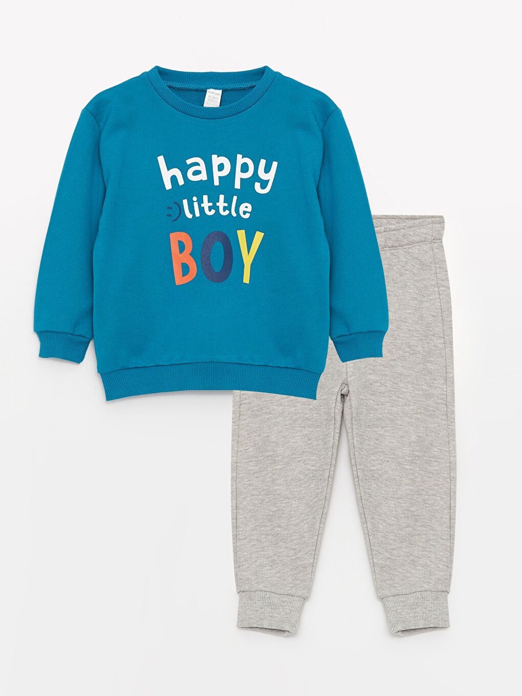 LCW baby Koyu Turkuaz Bisiklet Yaka Uzun Baskılı Erkek Bebek Sweatshirt ve Pantolon 2'li Takım