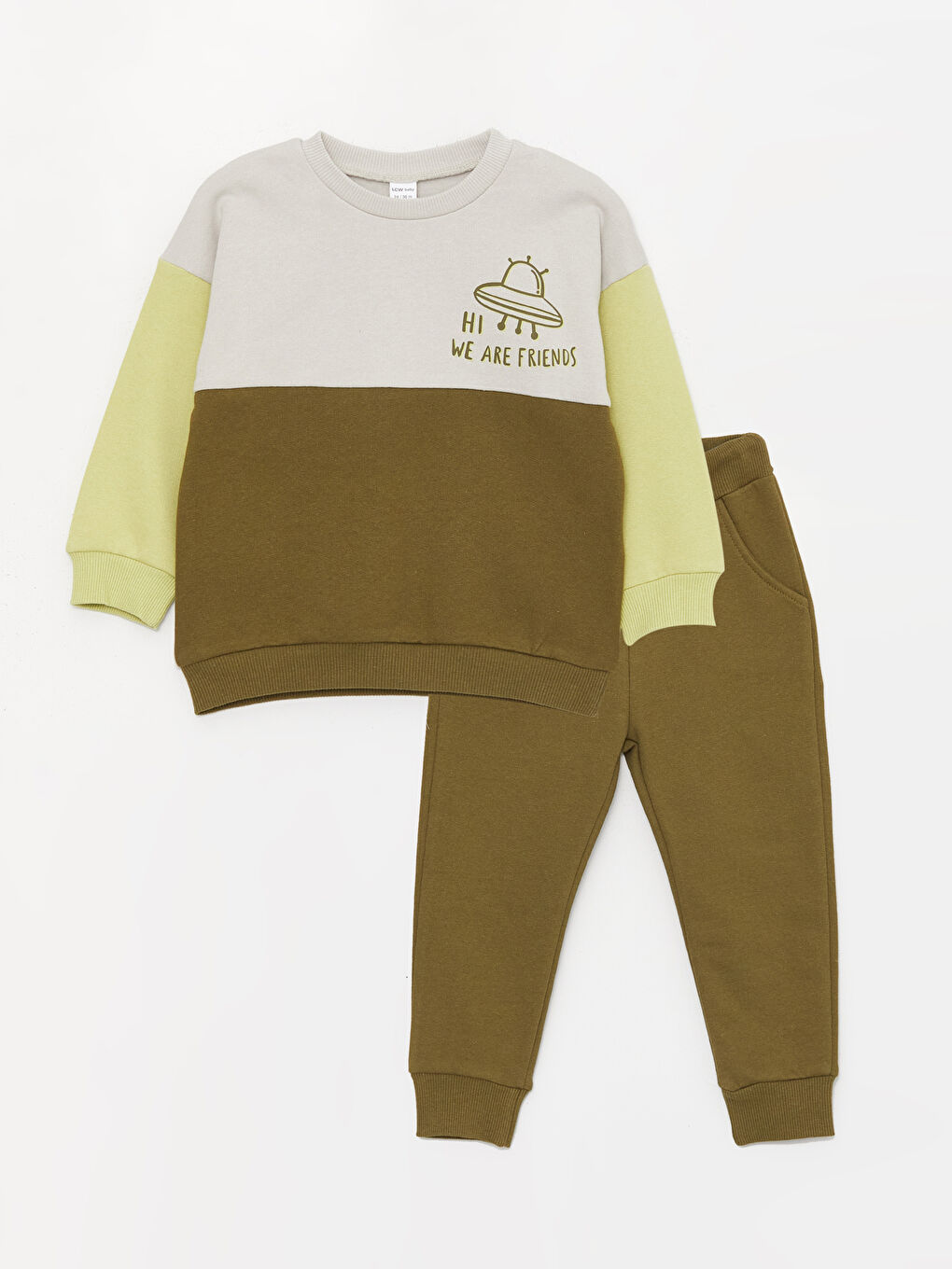 LCW baby Haki Bisiklet Yaka Uzun Baskılı Erkek Bebek Sweatshirt ve Pantolon 2'li Takım