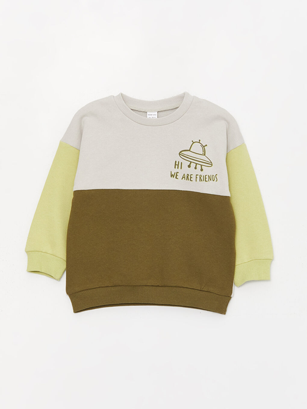 LCW baby Haki Bisiklet Yaka Uzun Baskılı Erkek Bebek Sweatshirt ve Pantolon 2'li Takım - 1