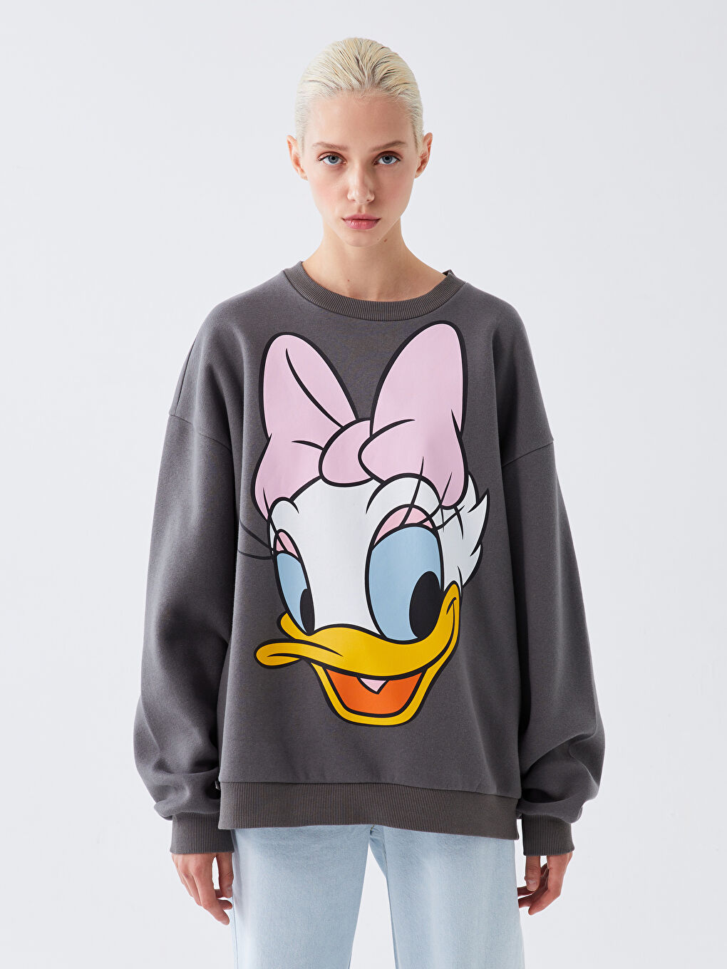 XSIDE Antrasit Bisiklet Yaka Daisy Duck Baskılı Oversize Kadın Kalın Sweatshirt