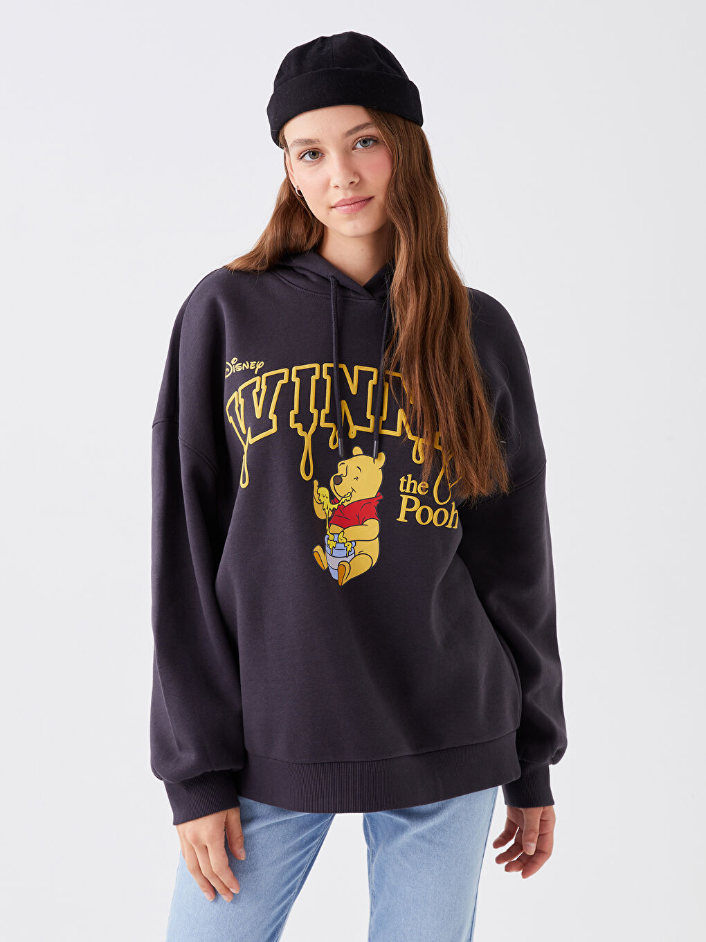 LCW Vision Antrasit Winnie the Pooh Baskılı Oversize Kadın Kalın Hoodie