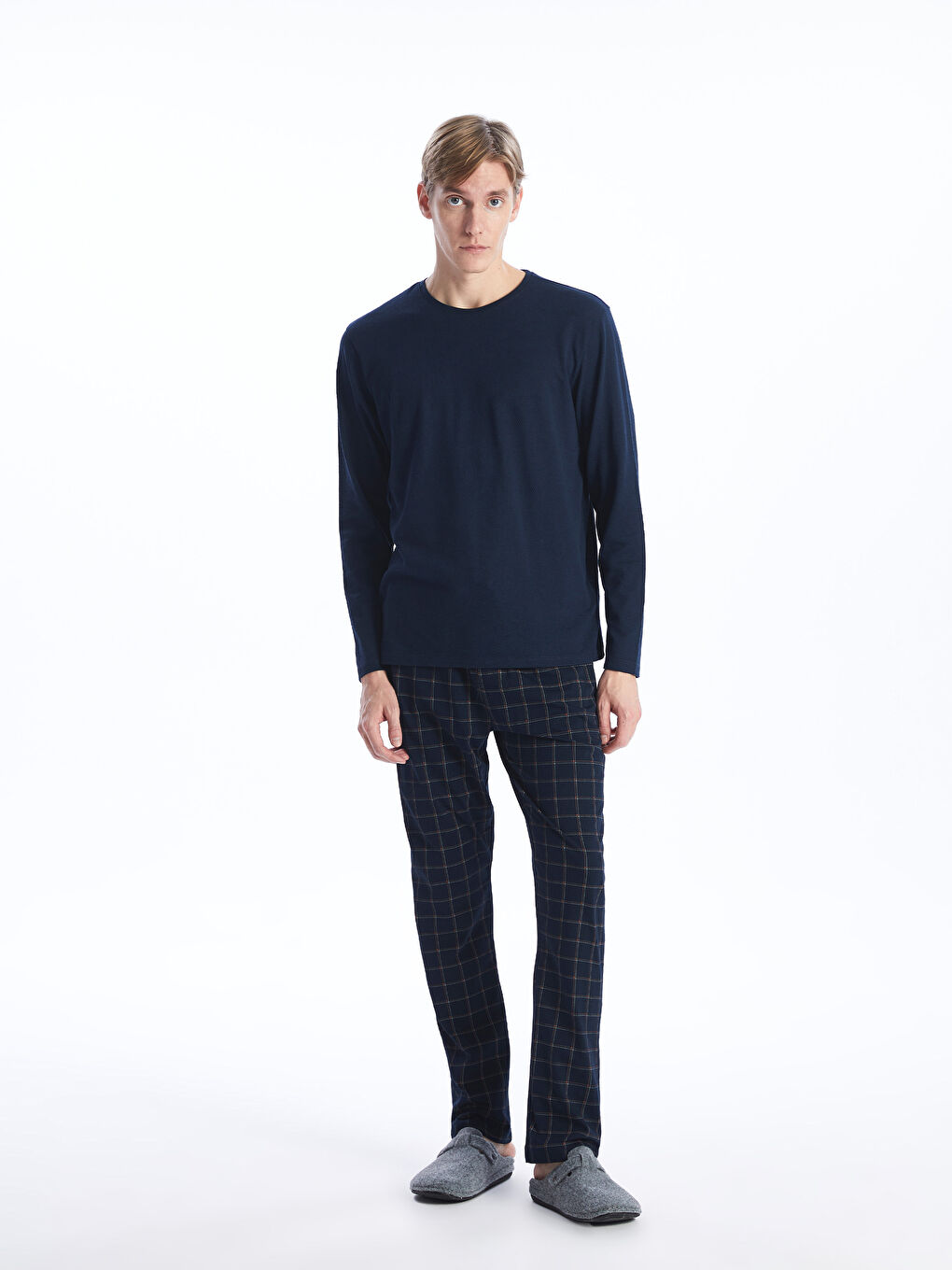 قميص بيجامة كم طويل ياقة دائرية للرجال-2