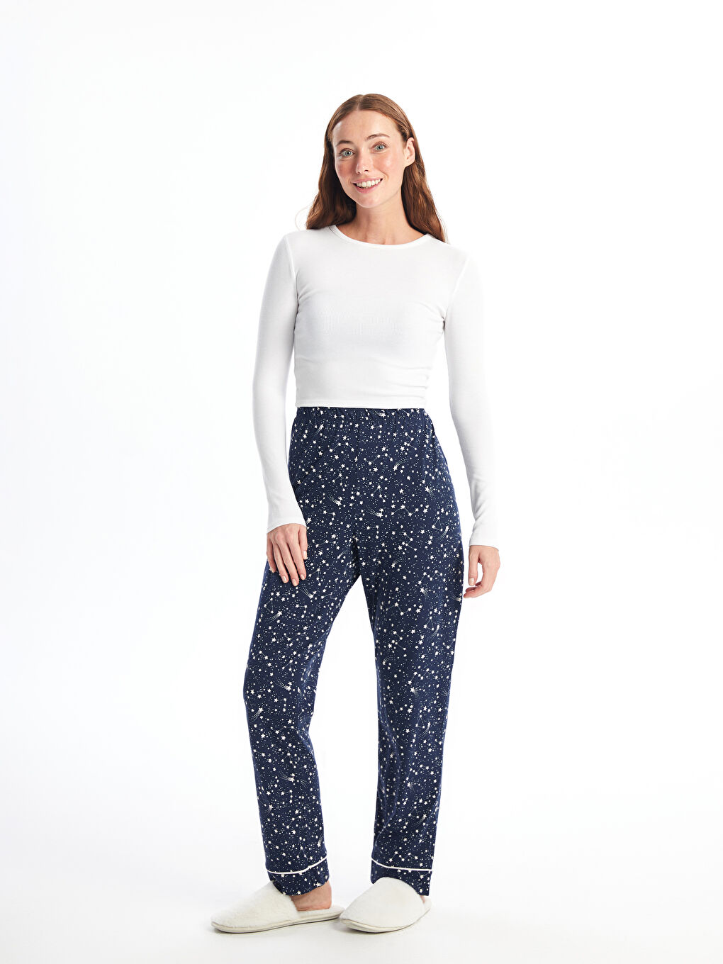 Lacivert Beli Lastikli Desenli Kadın Pijama Altı