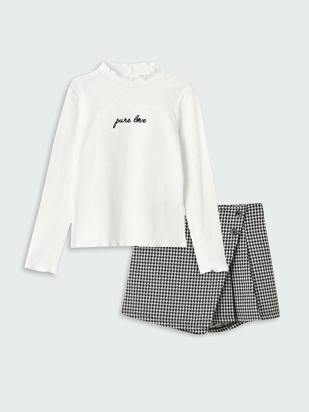 High Collar Long Sleeve Girl's T-Shirt and Short Skirt-2