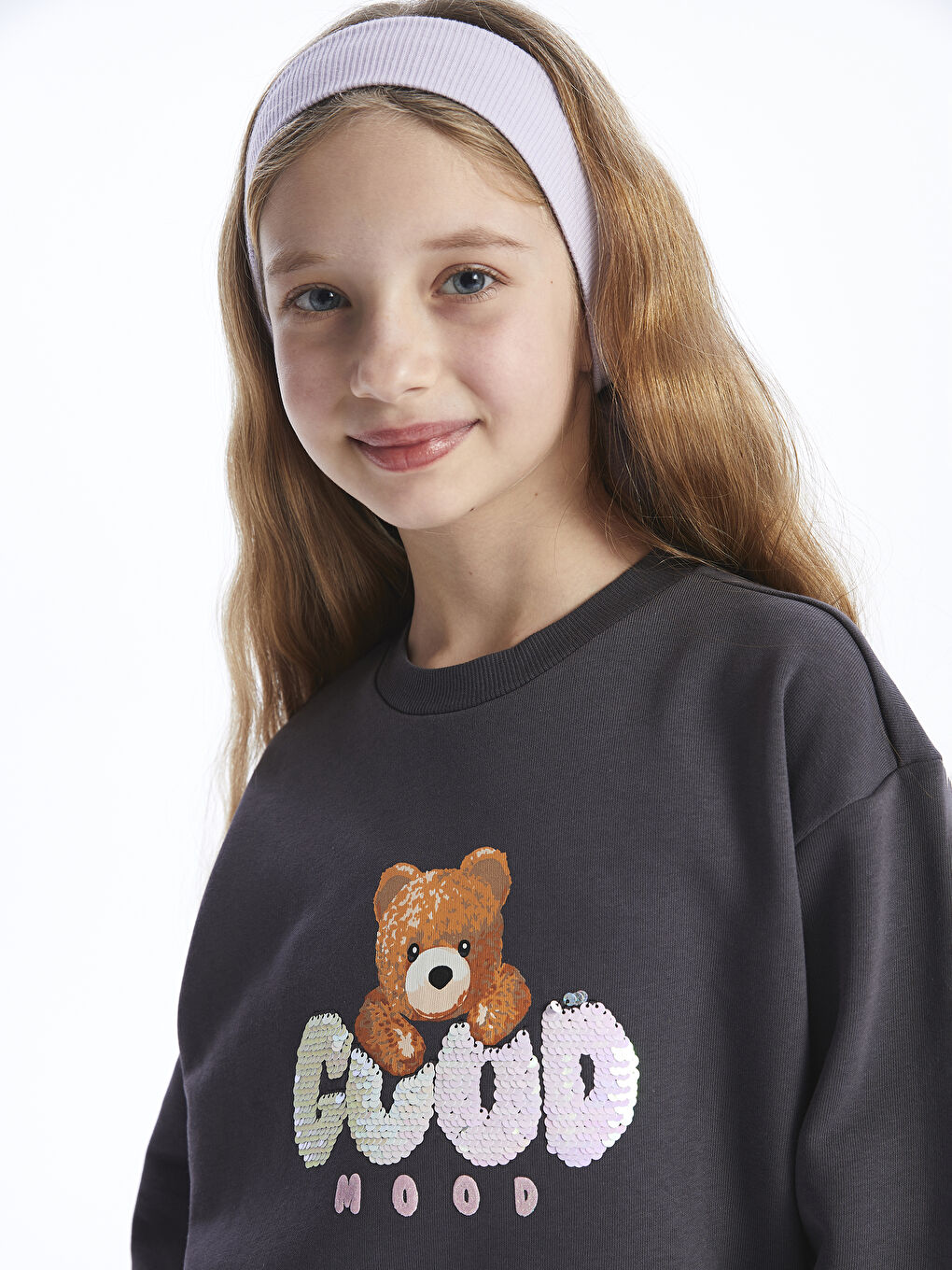 LCW Kids Antrasit Bisiklet Yaka Baskılı Uzun Kollu Kız Çocuk Sweatshirt