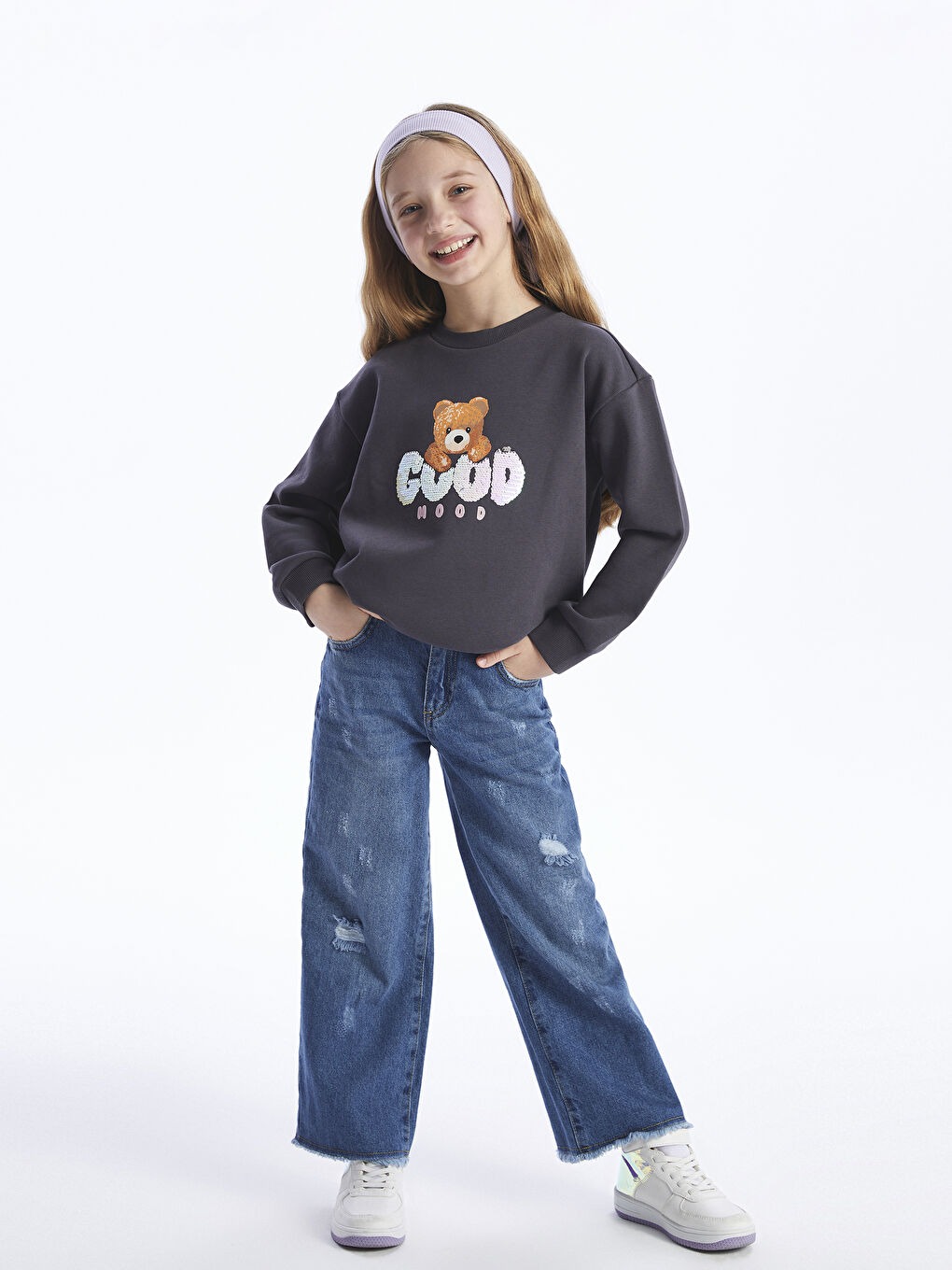 LCW Kids Antrasit Bisiklet Yaka Baskılı Uzun Kollu Kız Çocuk Sweatshirt - 1