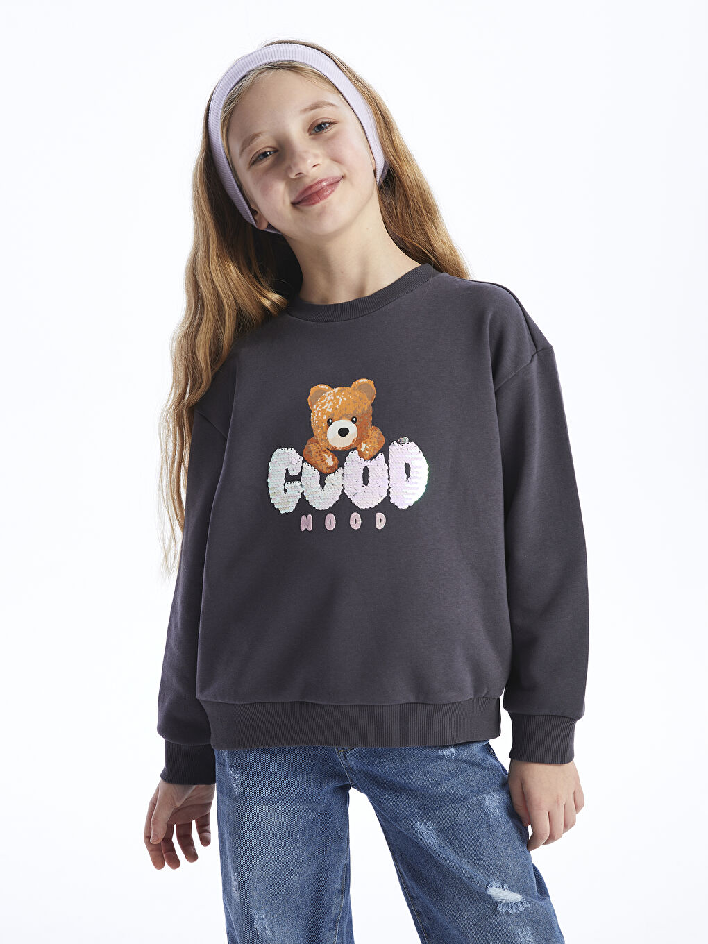 LCW Kids Antrasit Bisiklet Yaka Baskılı Uzun Kollu Kız Çocuk Sweatshirt - 2