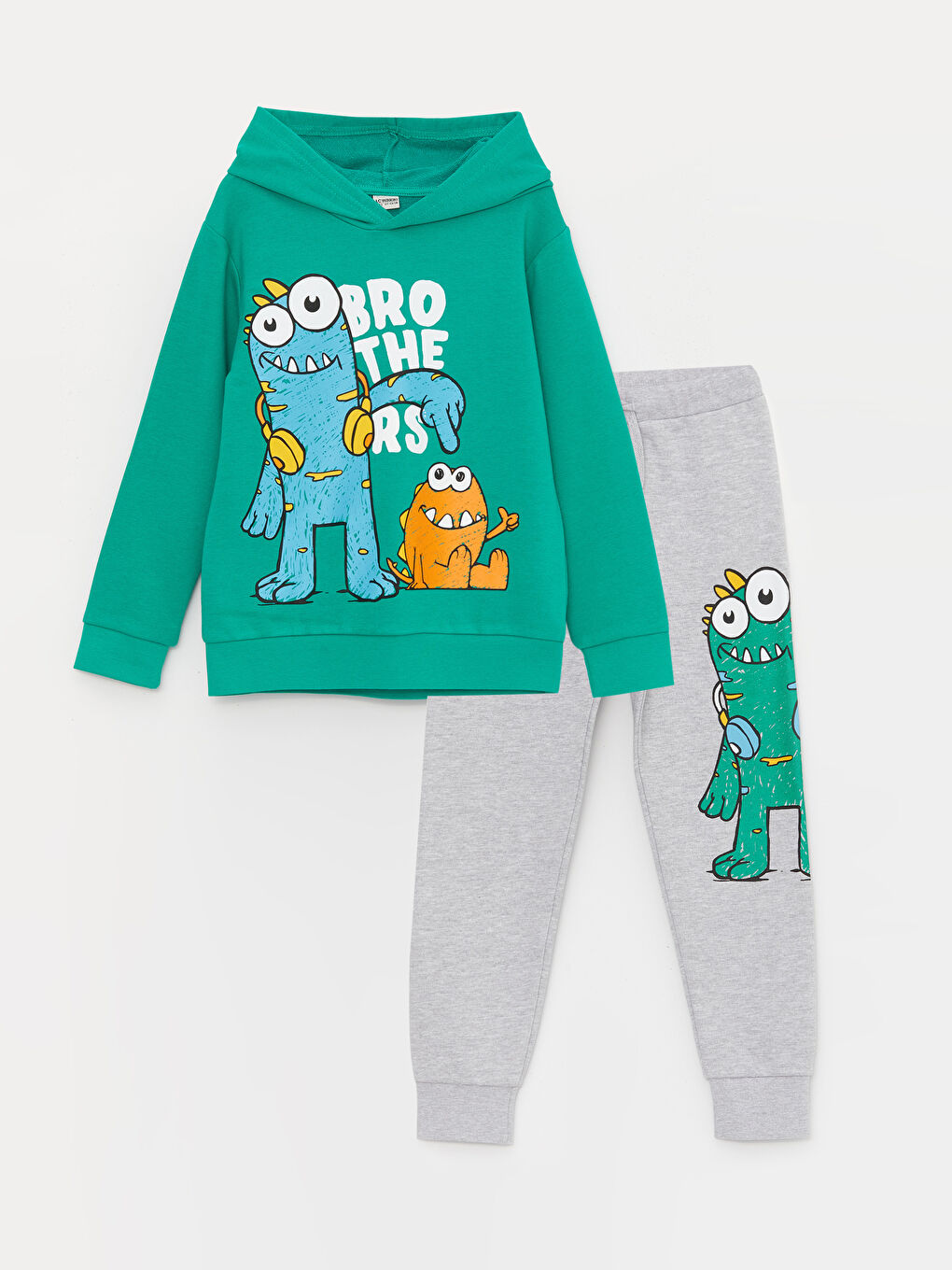 LCW Kids Zümrüt Yeşili Baskılı Uzun Kollu Erkek Çocuk Hoodie ve Eşofman Altı