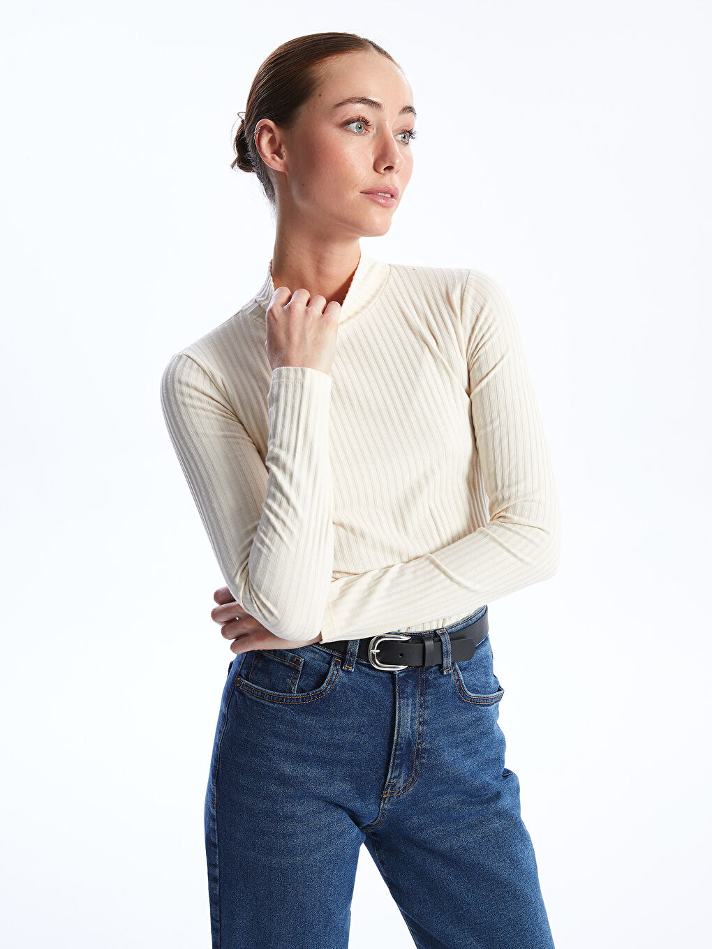 Funnel Neck Plain Long Sleeve Women's T-Shirt