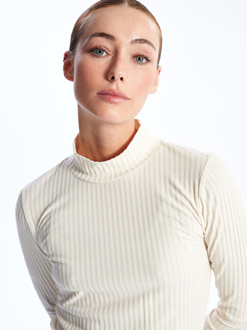 Funnel Neck Plain Long Sleeve Women's T-Shirt-1