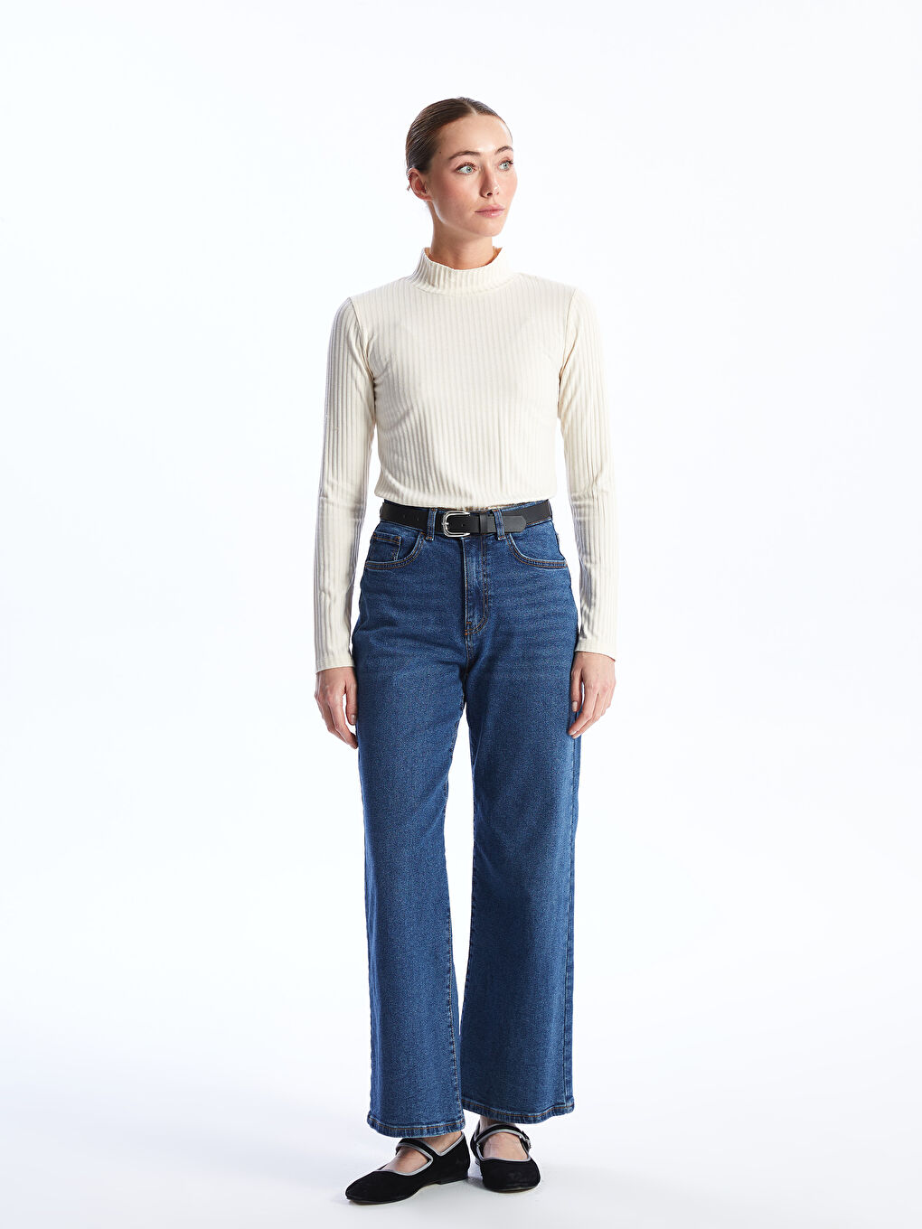 Funnel Neck Plain Long Sleeve Women's T-Shirt-2