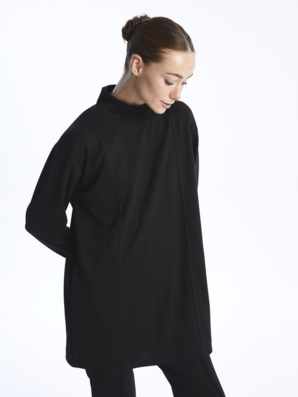 Funnel Neck Plain Long Sleeve Women's Tunic -W3DQ95Z8-CVL