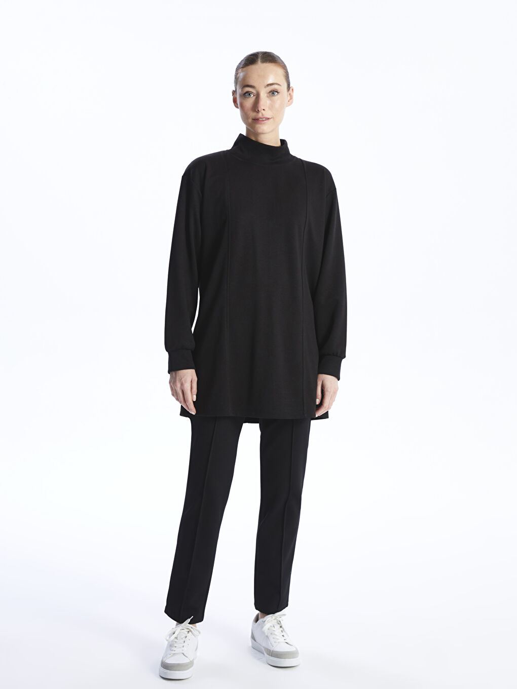 Funnel Neck Plain Long Sleeve Women's Tunic -W3DQ95Z8-CVL