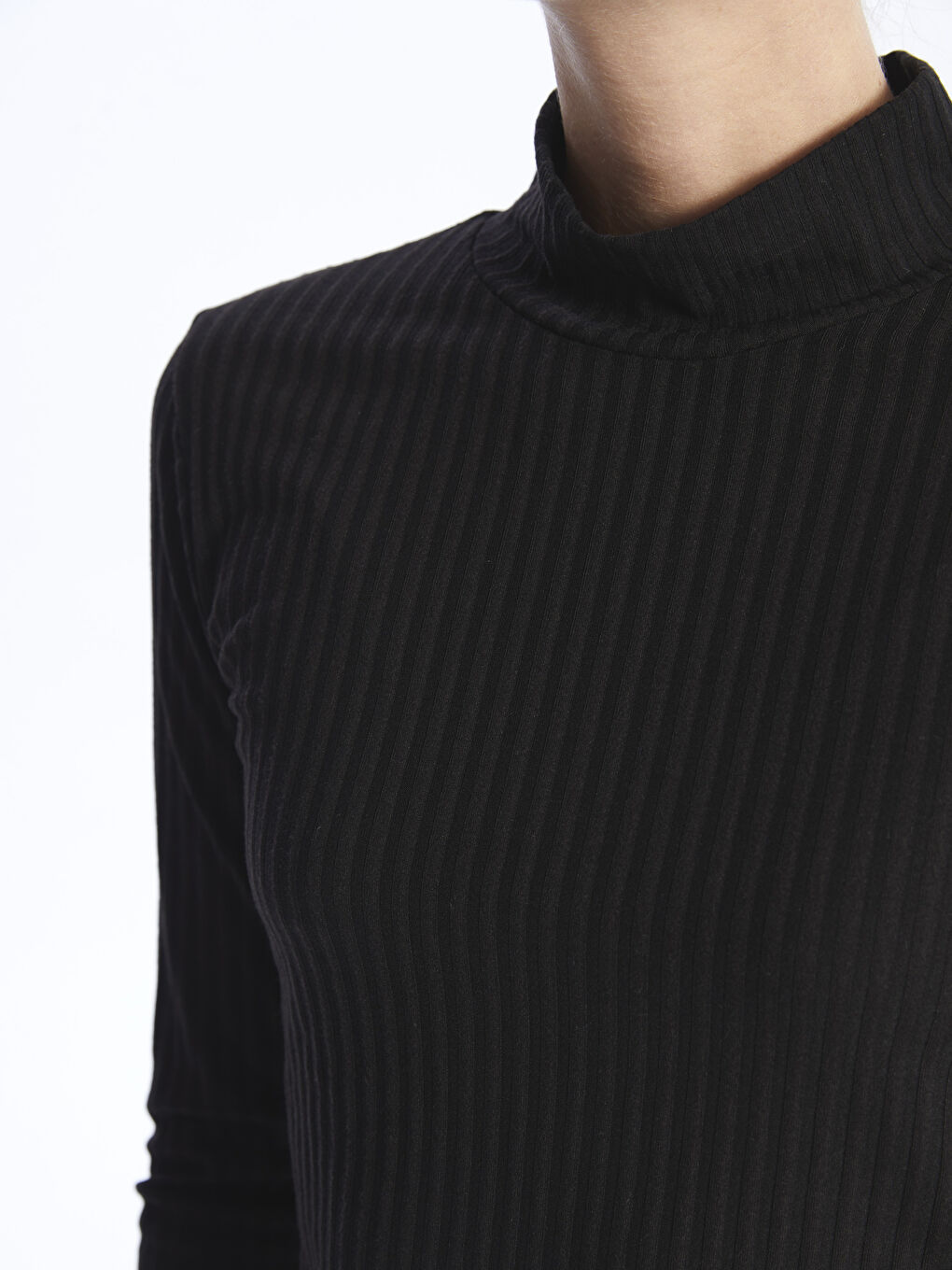 Funnel Neck Plain Long Sleeve Women's T-Shirt-3