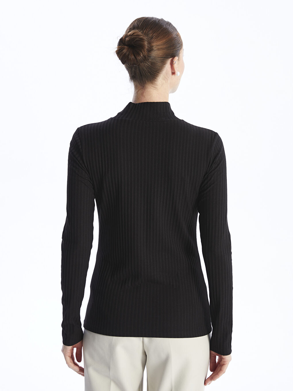 Funnel Neck Plain Long Sleeve Women's T-Shirt-4
