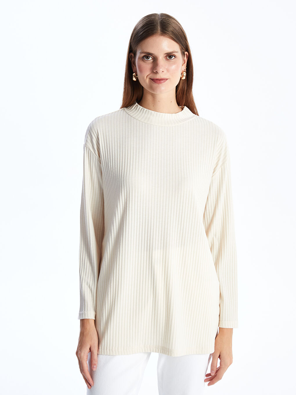 Funnel Neck Plain Long Sleeve Women's Tunic -W3DQ98Z8-FDP