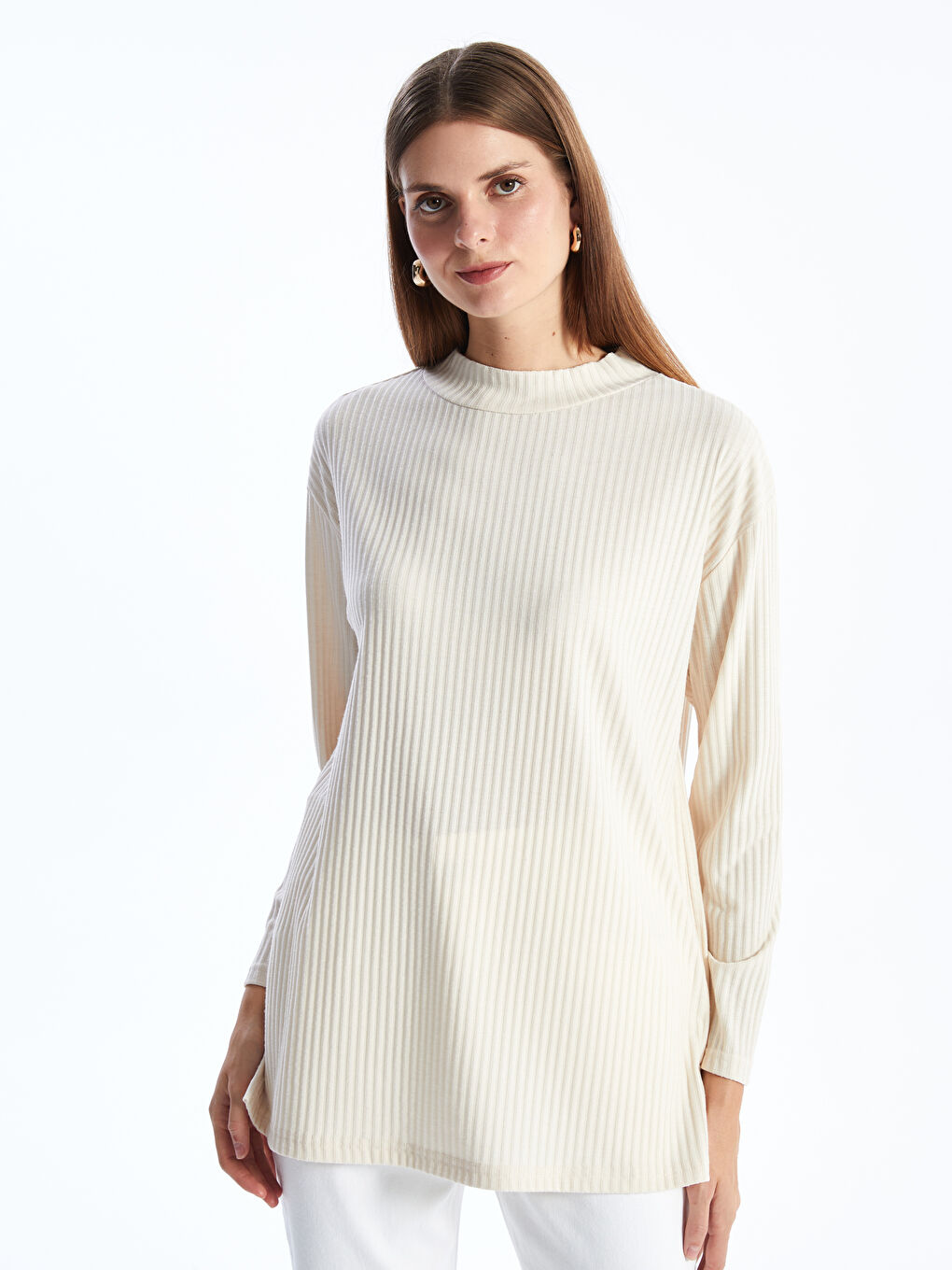 Funnel Neck Plain Long Sleeve Women's Tunic -W3DQ98Z8-FDP