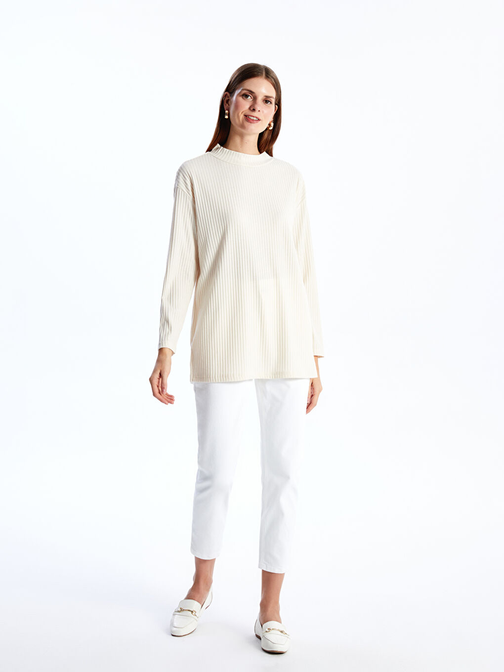 Funnel Neck Plain Long Sleeve Women's Tunic -W3DQ98Z8-FDP